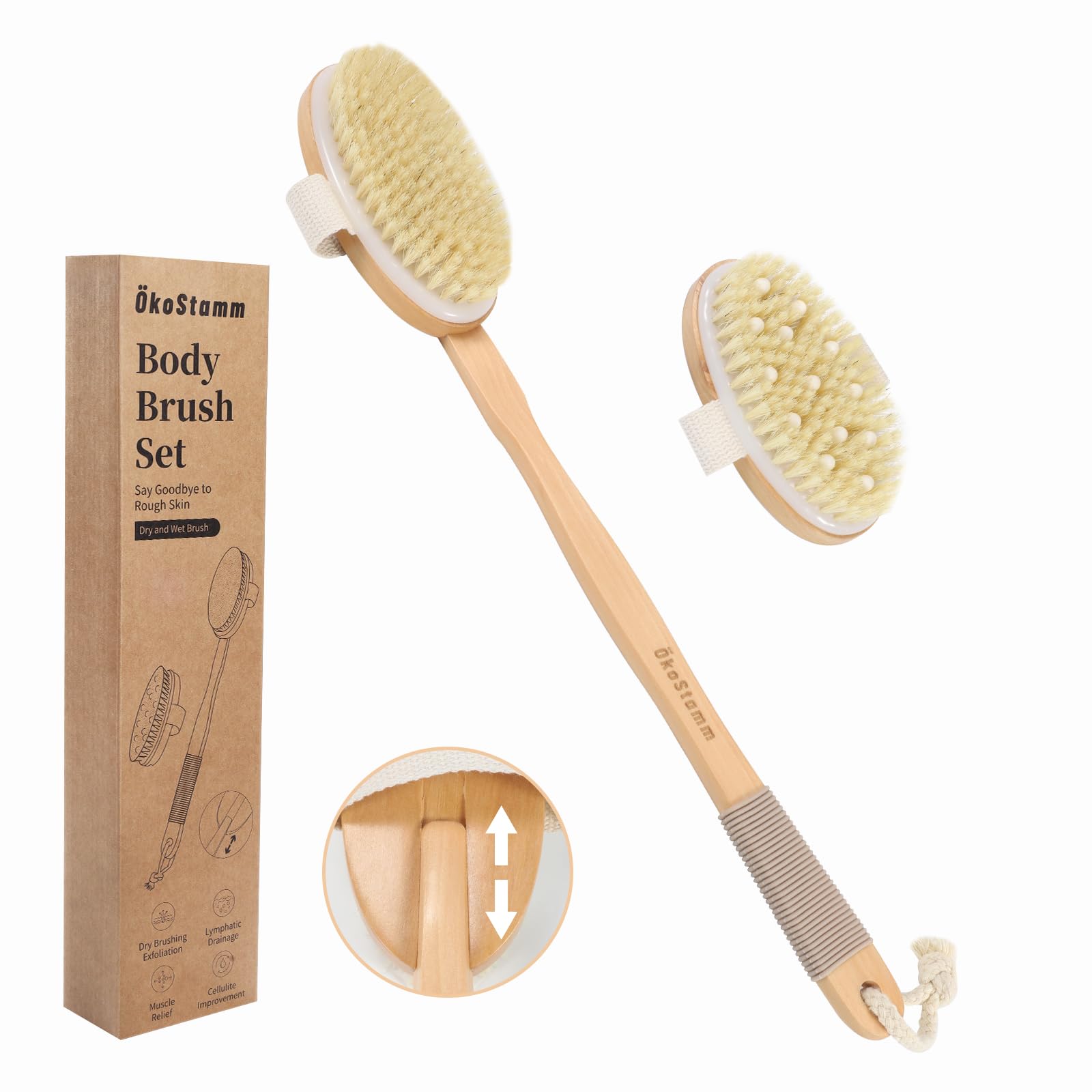 koStamm Long Handle Dry Brushing Body Brush for Lymphatic Drainage