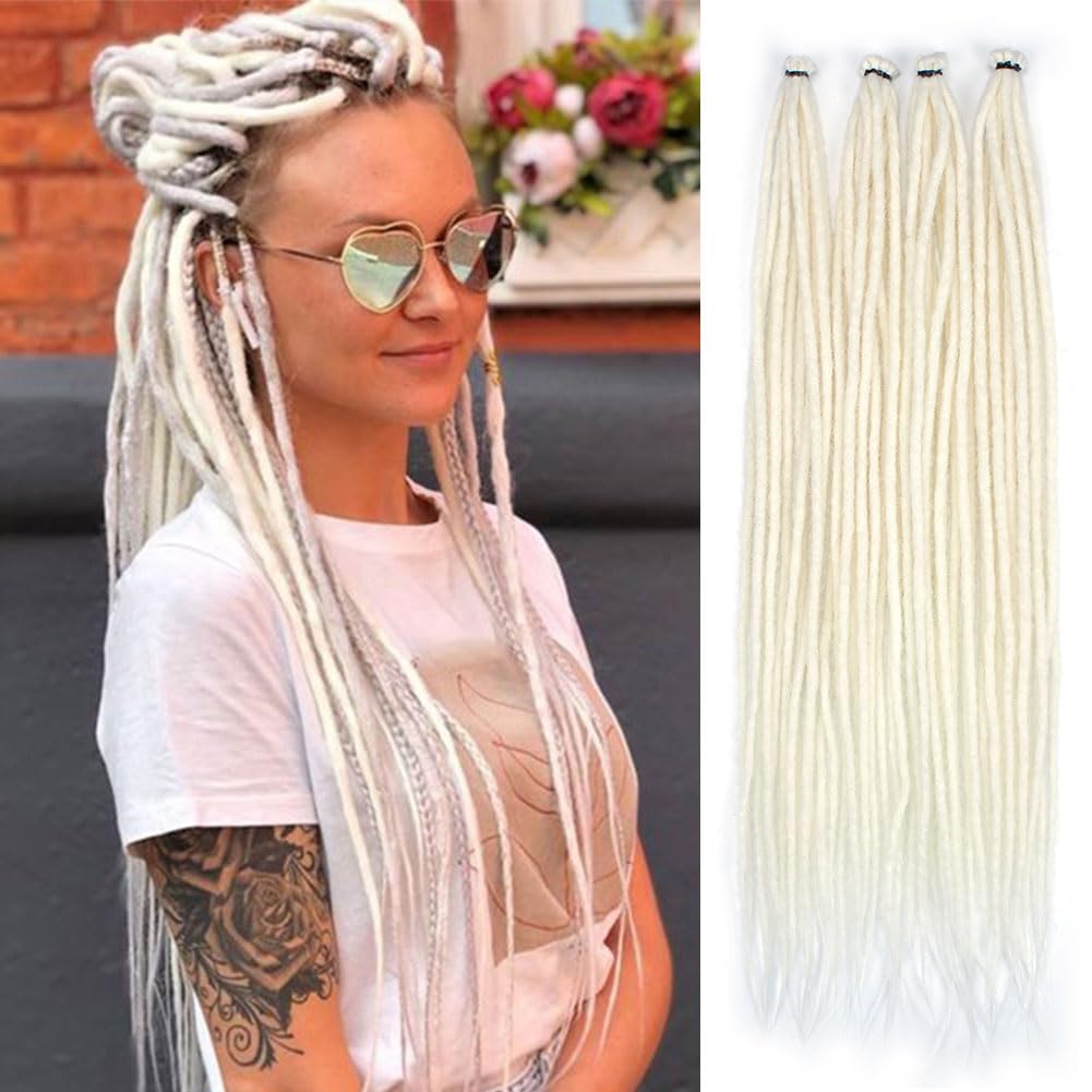 Kraler Pearl White Dreadlock Extensions, 22 '' Synthetic Crochet Dreads Extensions 100% Handmade Single Ended Dreads Thin 0.6cm