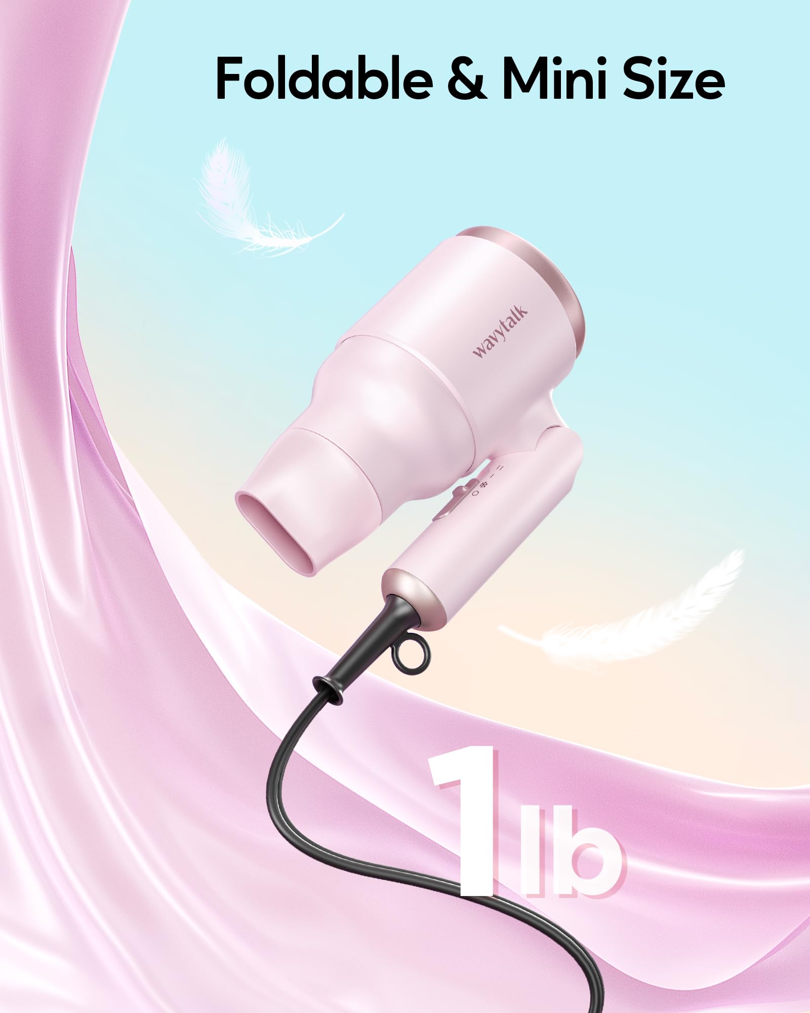 Wavytalk Hair Dryer With Diffuser, Mini Blow Dryer With Folding Handle, 1600W Quiet Lightweight Hairdryer With Diffuser Attachme