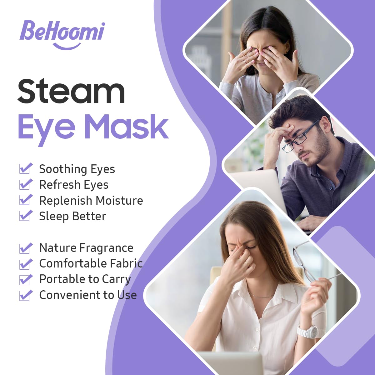 BeHoomi Steam Eye Mask - 10 Pack Heated Disposable SPA Warm Compress, Lavender Scent, Cotton, Travel Essentials & Relaxation Gifts
