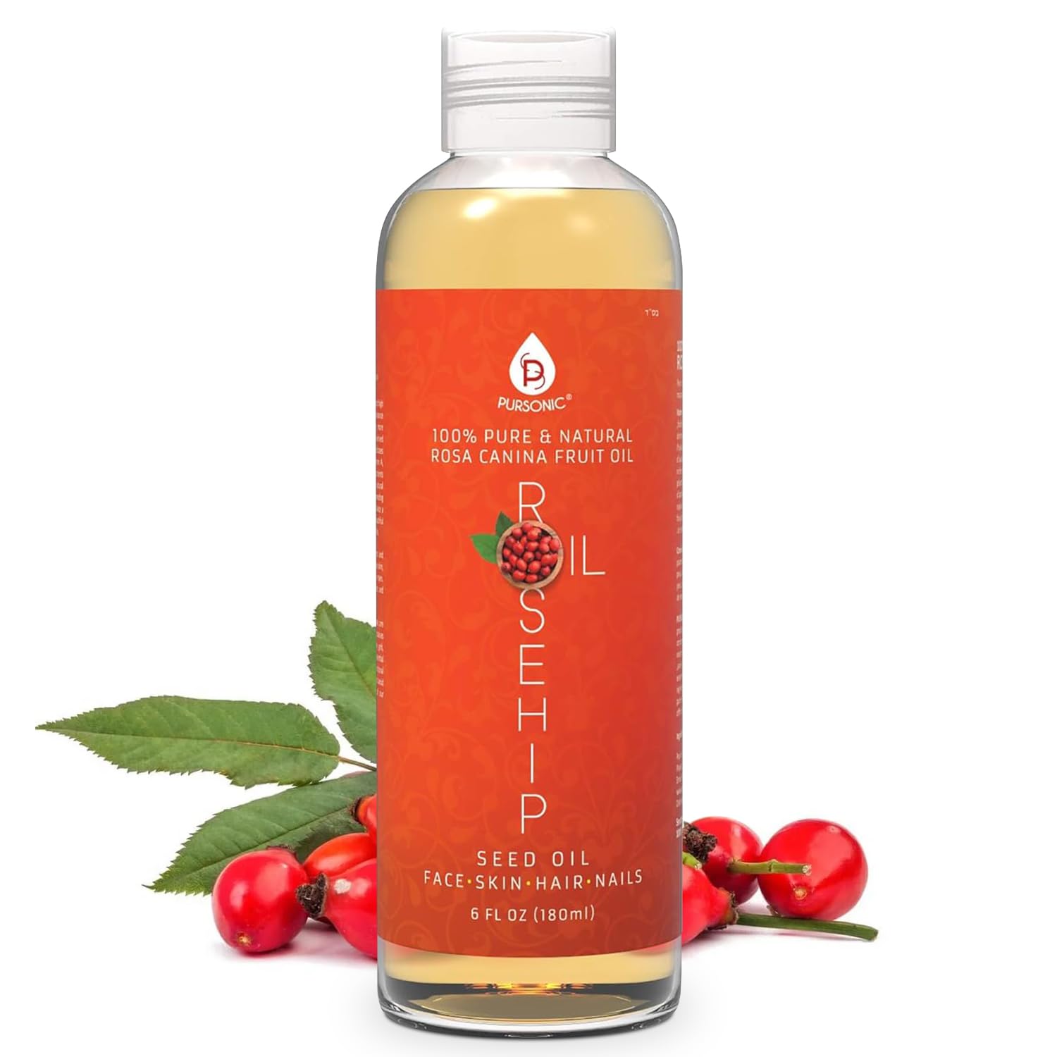 Pursonic Rosehip Oil for Face, Nails, Hair and Skin, 6 Ounce