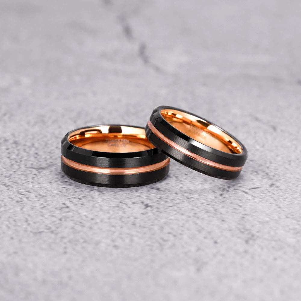 Greenpod 6mm Tungsten Carbide Ring for Men Black Matte Finish Rose Gold Thin Groove Comfort Fit Size 10