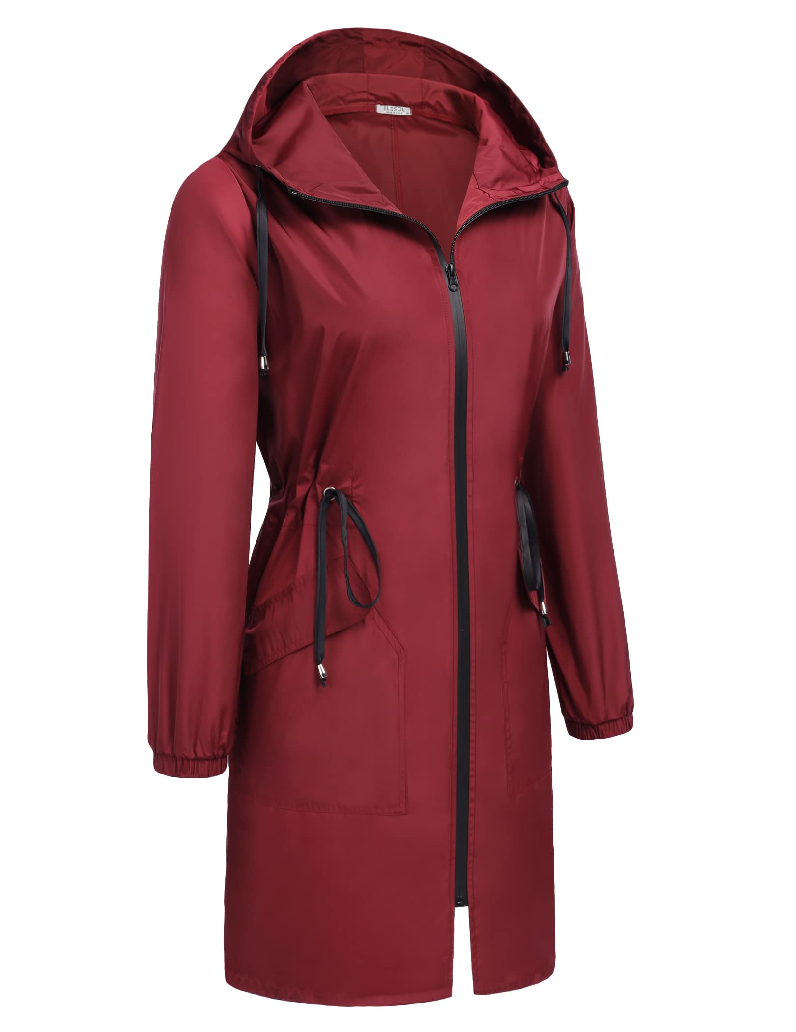 Elesol Women Rain Jacket Zip Waterproof Packable Windbreaker Long Raincoat Trench Coat