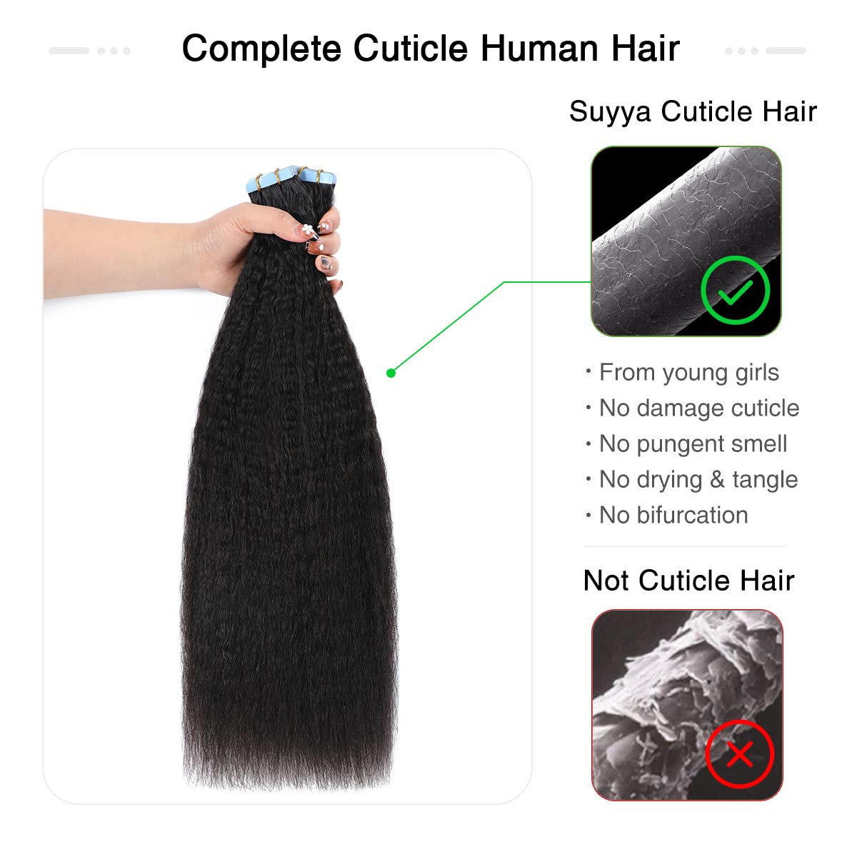 Suyya Tape In Hair Extensions Human Hair Kinky Straight Tape In Extensions Natural Black 14 Inch Skin Weft 40G/Pack 20Pcs Tape I