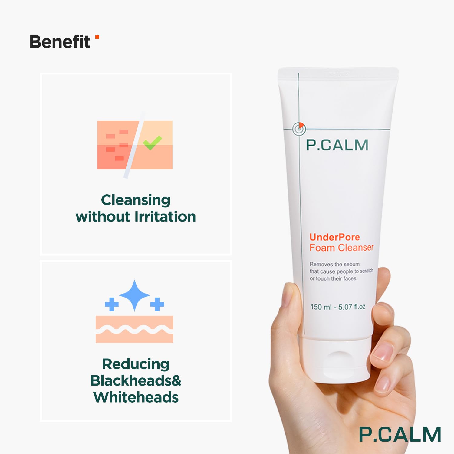 P.Calm Underpore Foam Cleanser 150Ml | Vegan Gentle Deep Pore Cleansing Facial Wash For Sensitive Skin | Korean Skincare