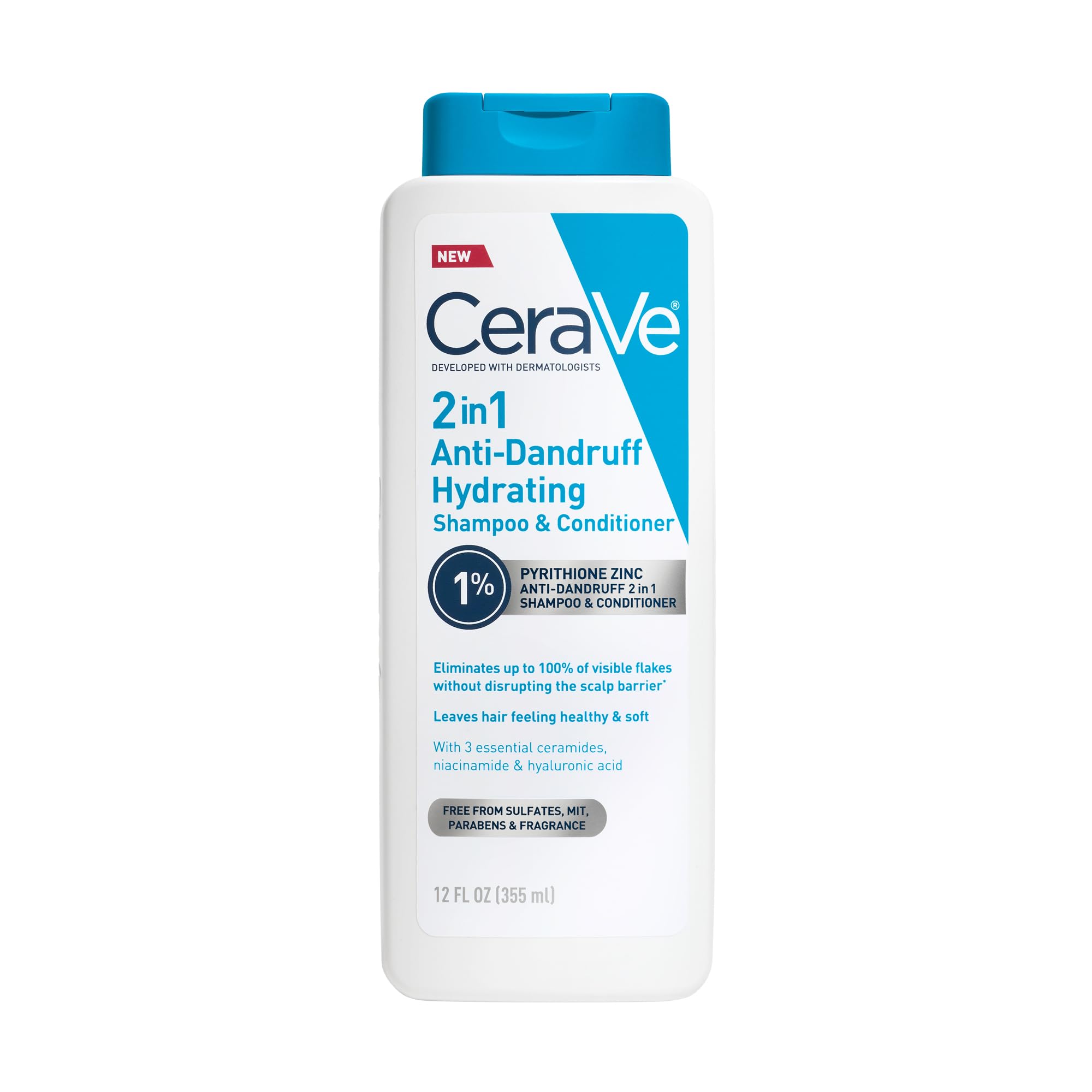 CeraVe 2 In 1 Hydrating Anti Dandruff Shampoo And Conditioner, 1% Pyrithione Zinc Dandruff Treatment, Color Safe & Sulfate Free 