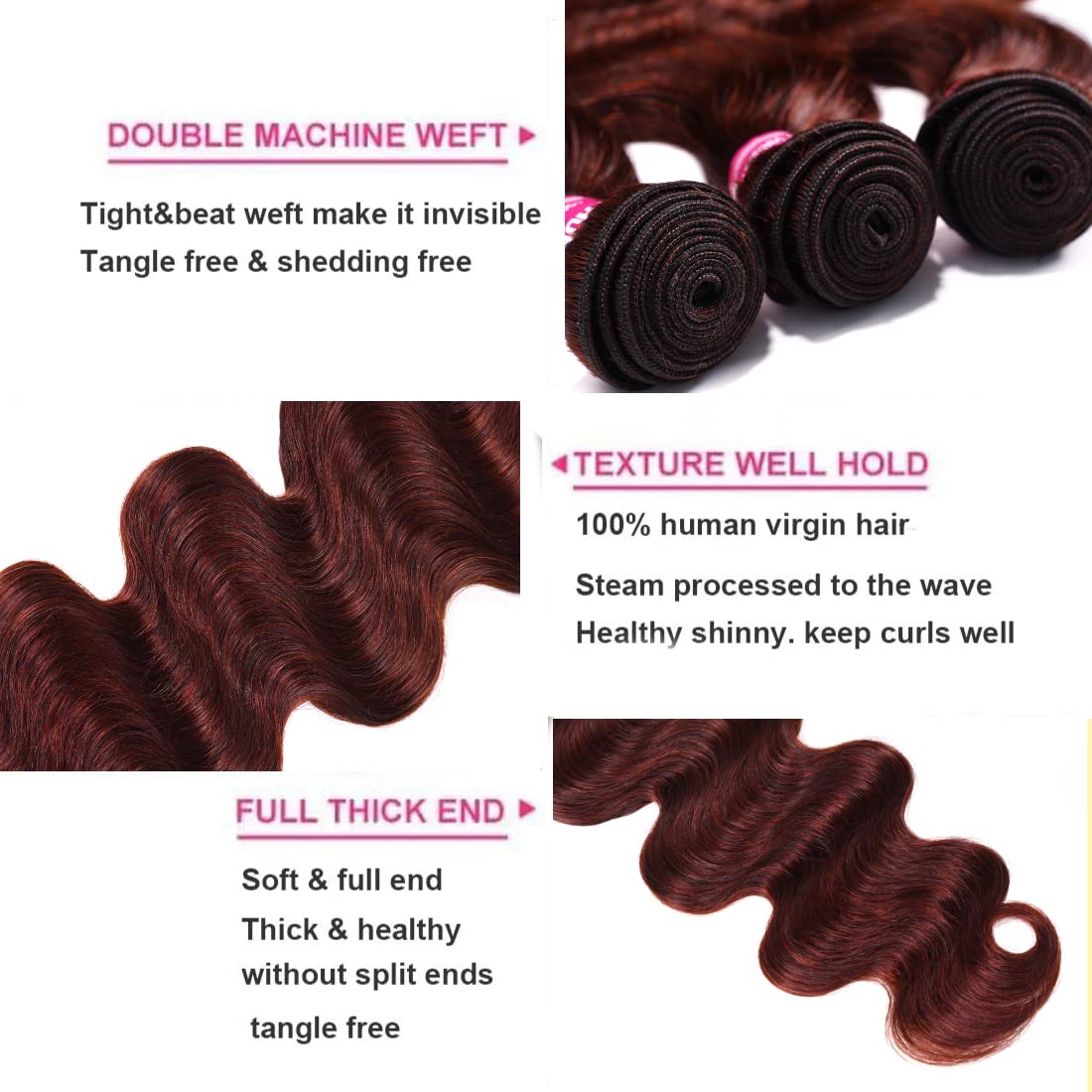 UNICE Reddish Brown Body Wave Human Hair Weave 3 Bundles 8 10 12 inch, Brazilian Remy Hair Auburn Brown Copper Red Human Hair Wa