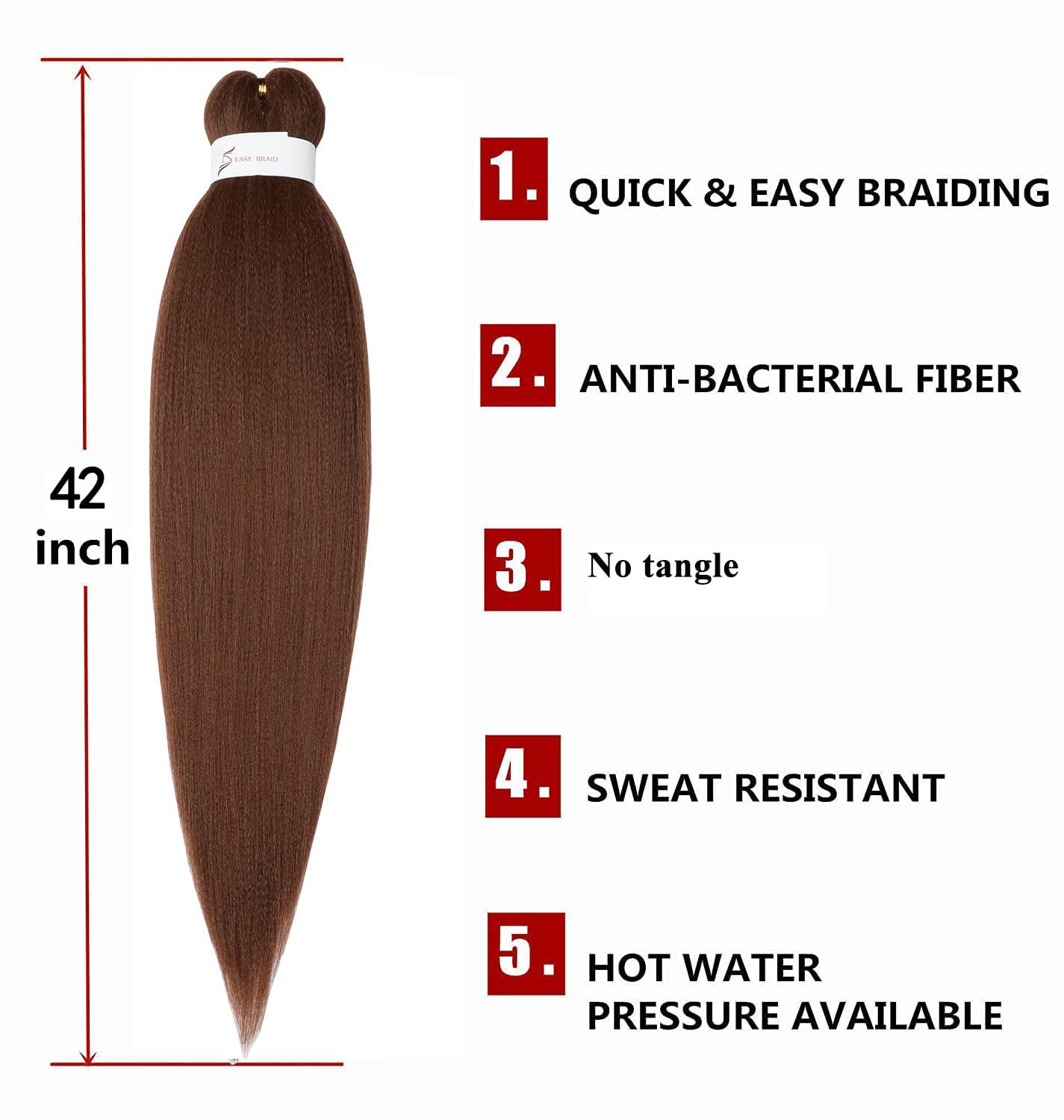 Showcoco Easy Braid Pre Stretched Braiding Hair Auburn Brown 42 Inch Yaki Texture Easy Crochet Braids 8 Packs Hot Water Setting