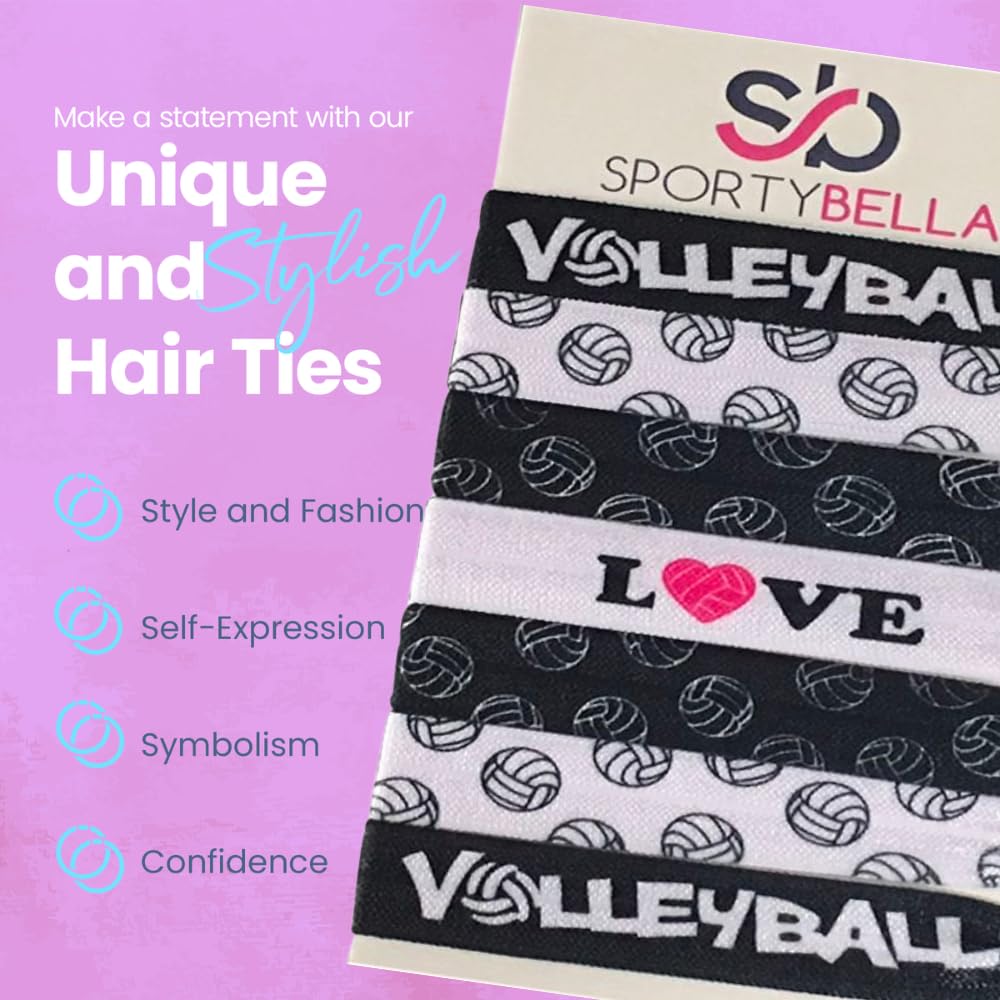 SportyBella Girls Volleyball Hair Accessories - No Crease Elastics with Volleyball Design, Set of 7 for Games