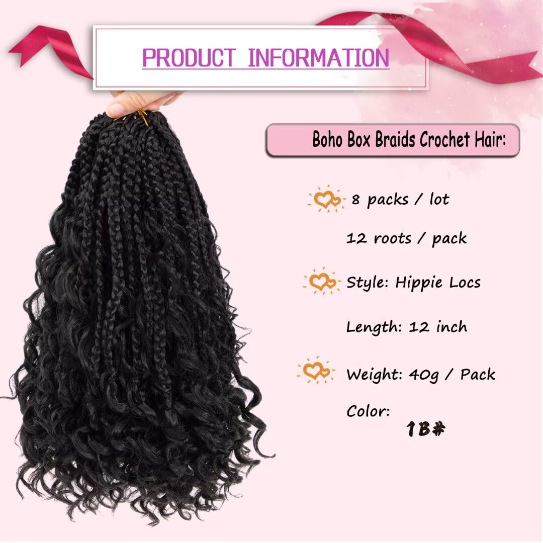 Boho Box Braids Crochet Hair 12 Inch 8 Packs Box Braid Crochet Hair With Curly Ends Pre-Looped Goddess Box Braids Crochet Hair E