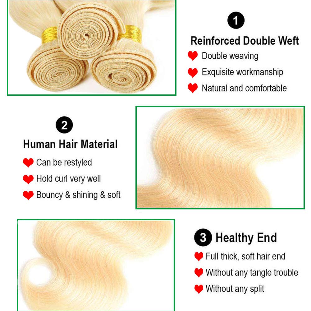 613 Blonde Bundles With Closure (12 14 16+10'') 12A Grade Brazilian Virgin Blonde Body Wave Hair 3 Bundles With Transparent Lace