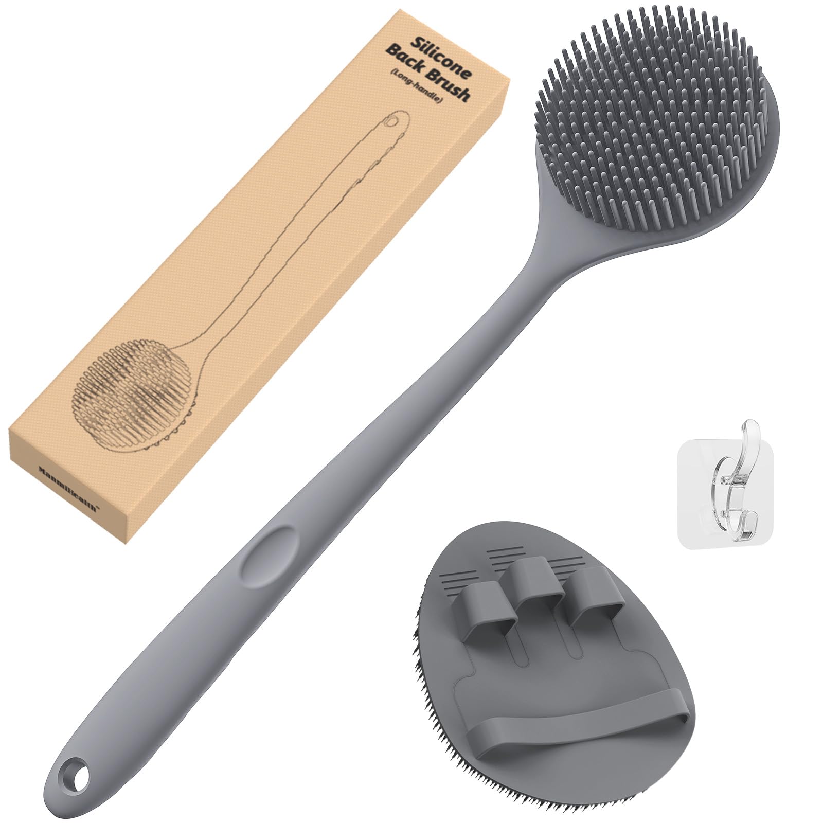 Manmihealth Silicone Back Scrubber(Thin Bristles) & Soft Bath Glove Set, Super-Cleaning Body Scrubber & Super-Lathering Shower B
