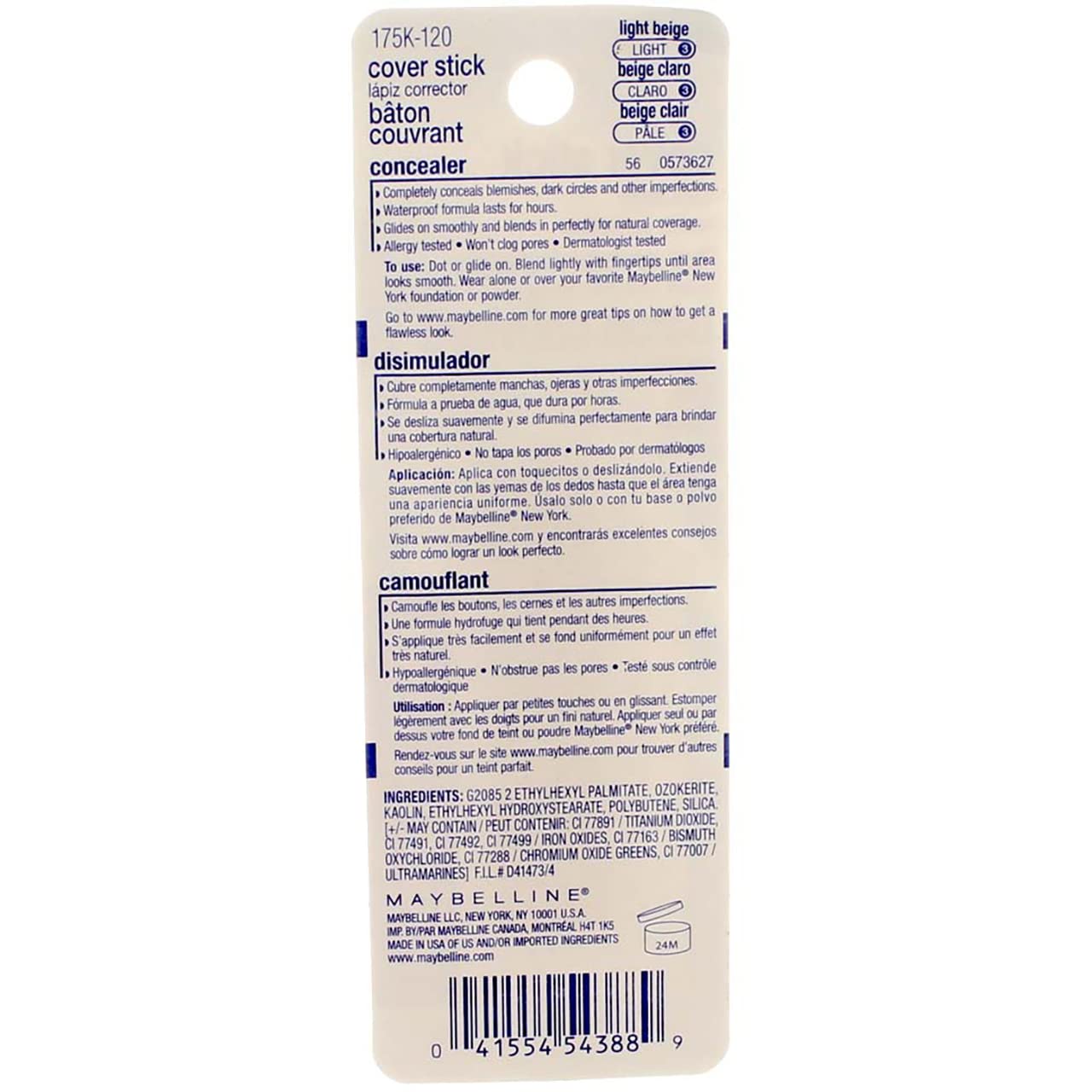 Maybelline Cover Stick Concealer, Light Beige [120], 0.16 oz (Pack of 3)
