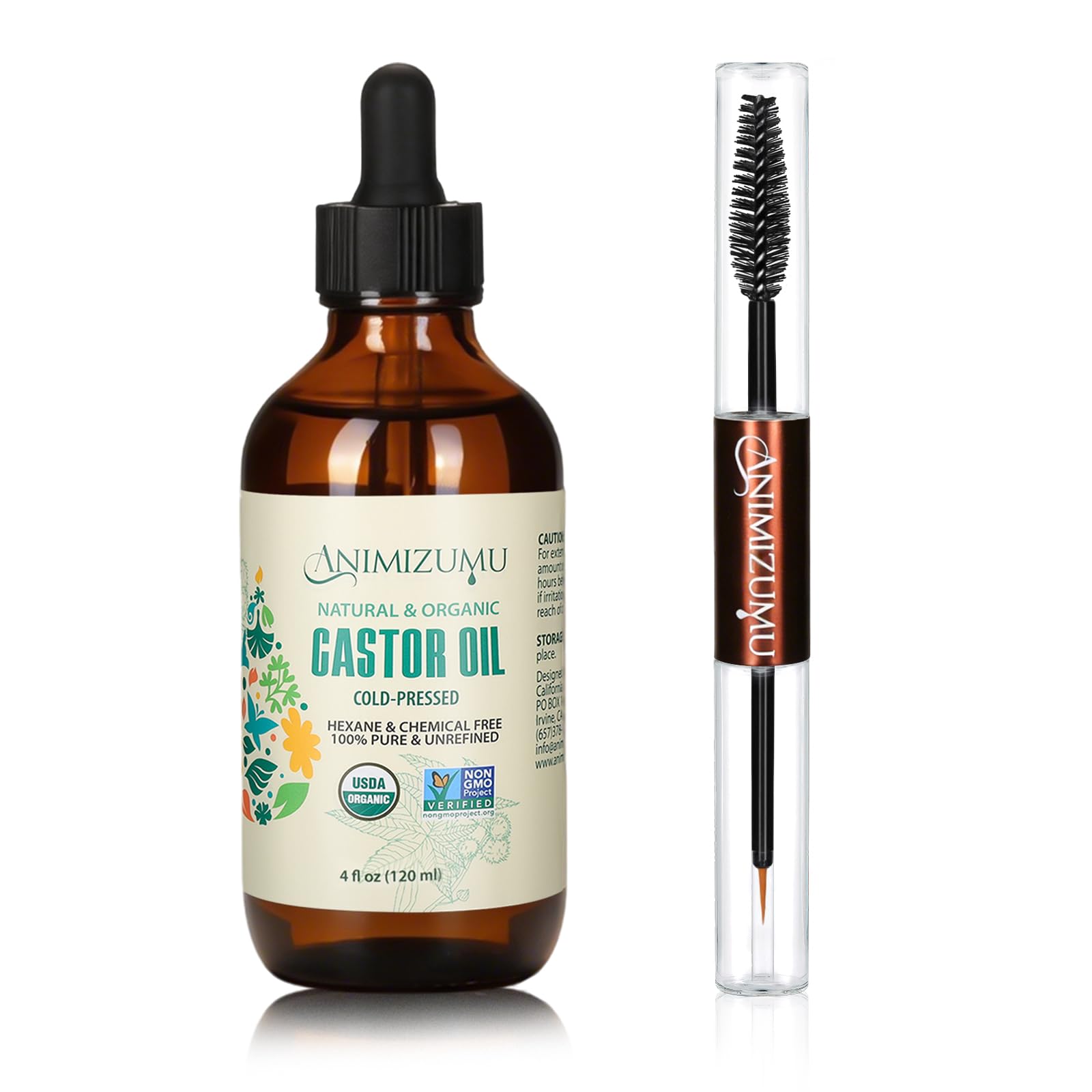 ANIMIZUMU Organic ColdPressed Castor Oil, 4 fluid ounces, with eyelash brush, for hair, skin and eyelash care