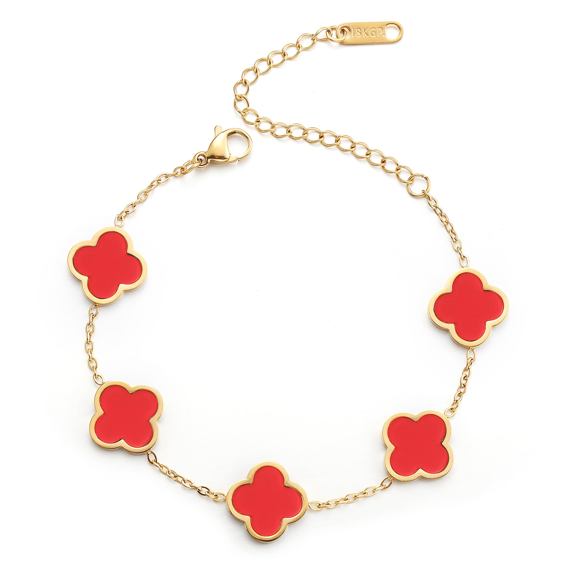 AIPPK 18K Gold Plated Clover Lucky Bracelet Dupes for Women Red Flower Four Leaf Bracelets Trendy Jewelry Gifts for Women