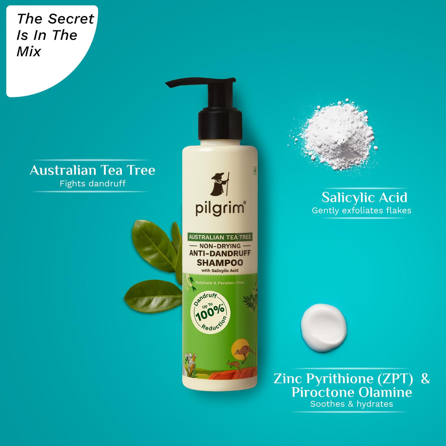 Pilgrim Anti-Dandruff Shampoo with Australian Tea Tree & Salicylic Acid | Non-Drying Itchy Scalp Treatment | Reduces Visible Fla