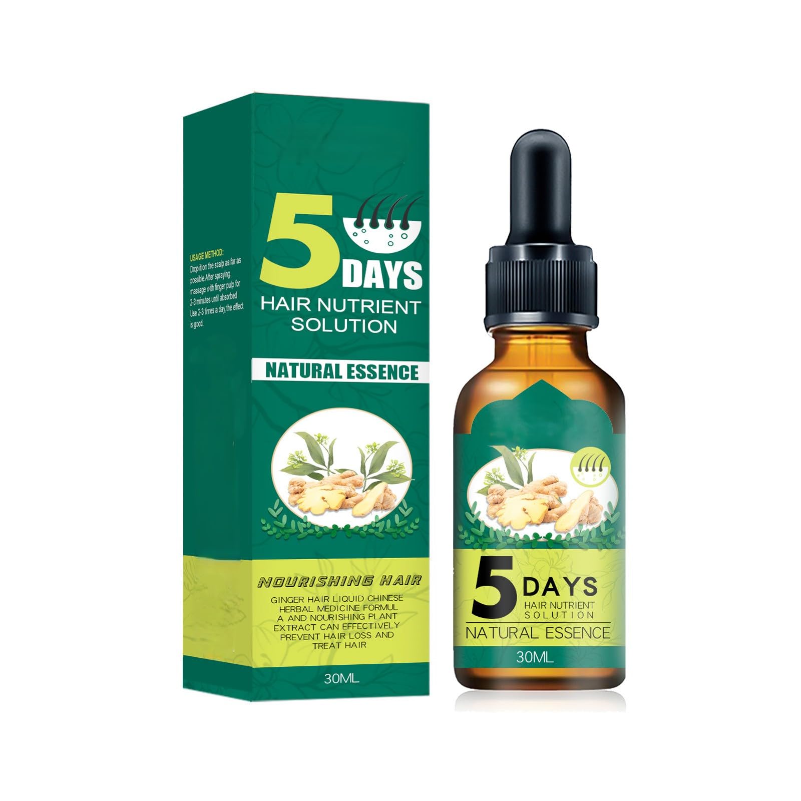 5 Days Hair Nutrient Solution Serum, Natural Essence, Ginger and Ginseng Extract, Hair Growth and AntiHair Loss Treatment, 30ml