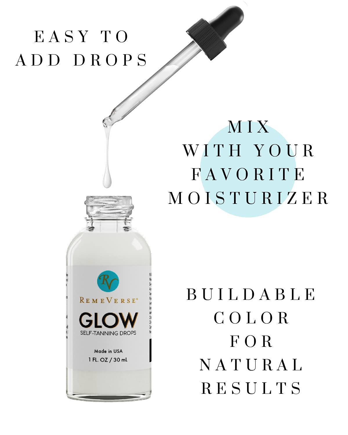 RemeVerse Glow Self-Tanning Drops with Aloe: Sunless Tanner for a Sun-Kissed Glow. Control Your Results by Adding Drops to Your