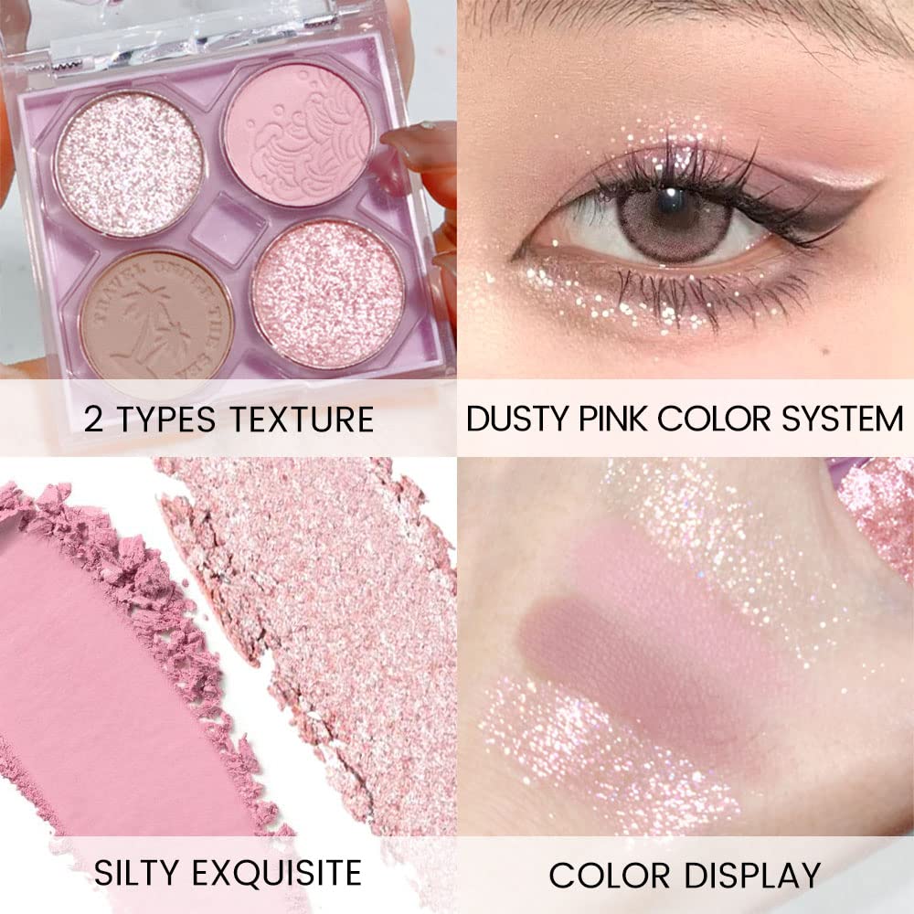 AMY'S DIARY Pink Mini Eyeshadow Palette - 4 Colors Glitter Waterproof Makeup, 1 Count, Color 02