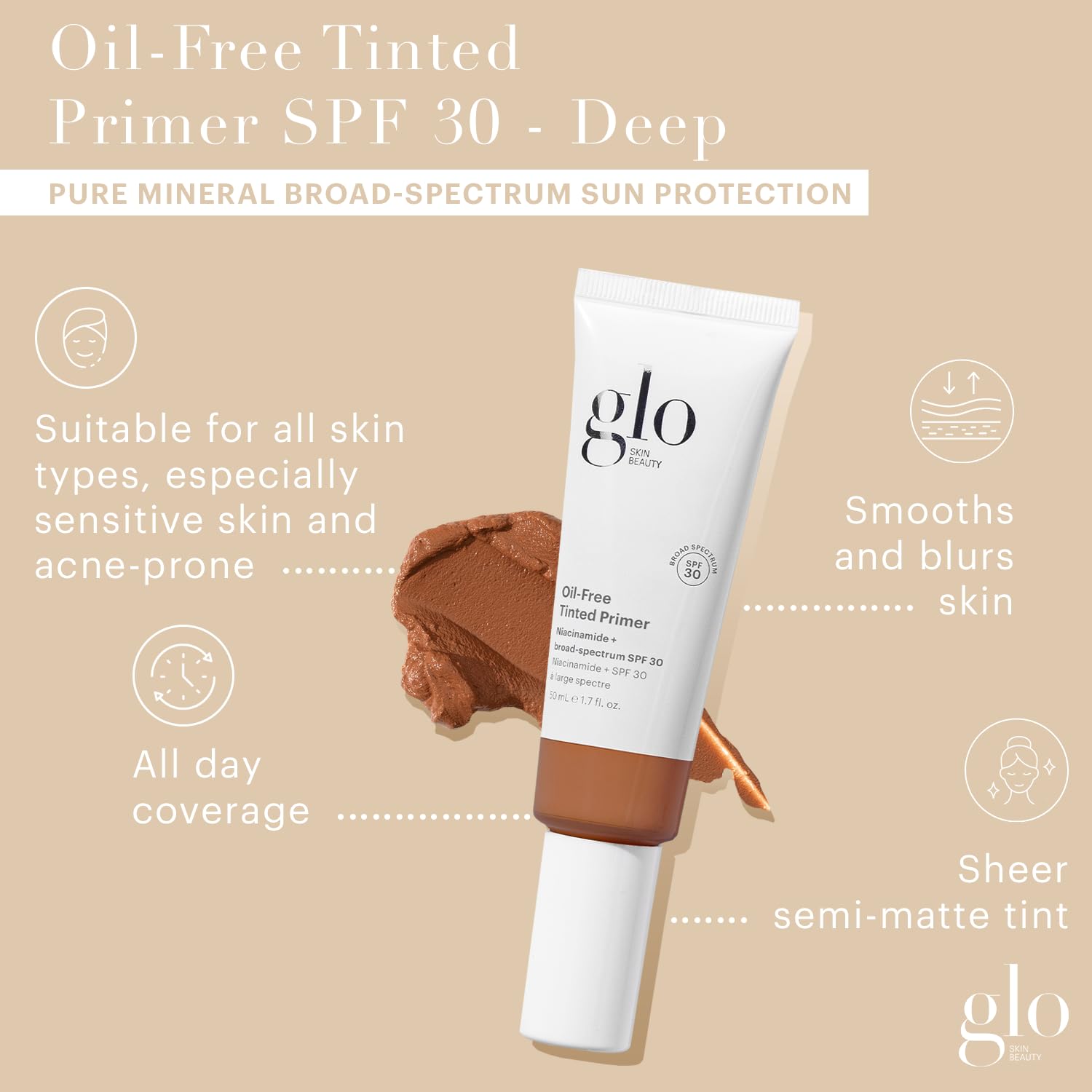 Glo Skin Beauty Oil-Free Tinted Primer Spf 30, (Deep) 1.7 Oz - Mineral Makeup For Face, 4-In-1 Foundation Primer, Sheer Coverage