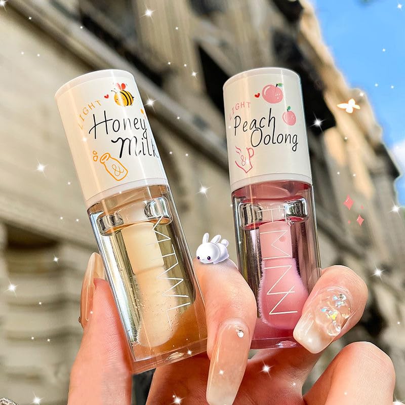 YJXFCBQIC 2Pcs Crystal Jelly Peach Honey Lip Oil with Big Brush, Hydrating Clear Lip Gloss, Long Lasting Nourishing Lip Care Lip
