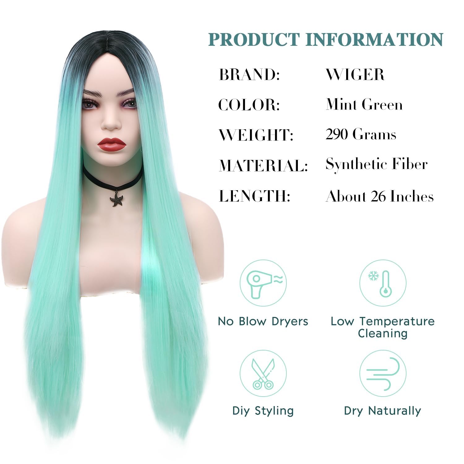 Wiger Long Straight Green Wigs For Women Ombre Mint Green Hair Wig Light Green Colorful Mermaid Wigs Two-Tone No Lace Synthetic