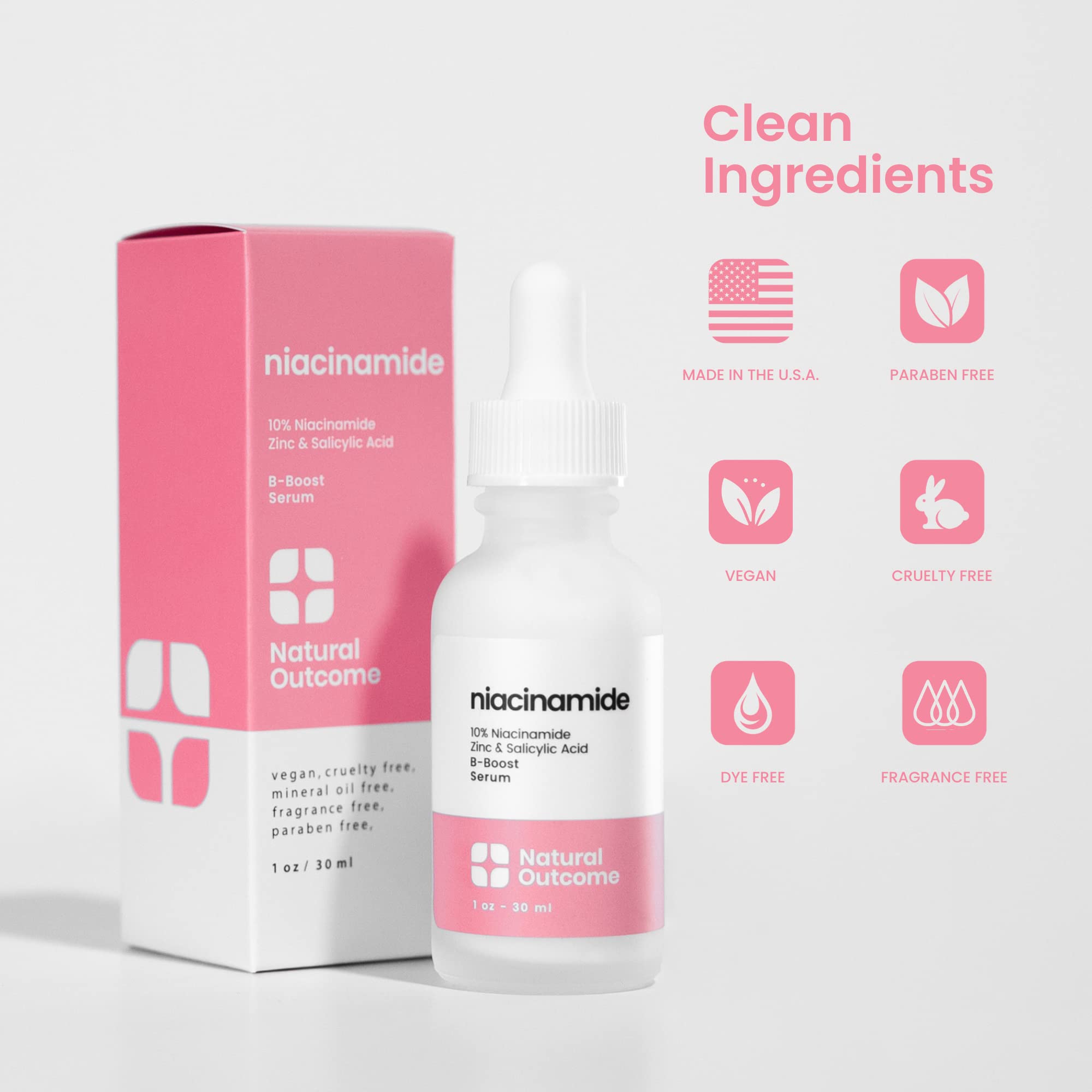 Niacinamide Serum for Face by Natural Outcome Skin Care, B-Boost Niacinamide 10% Plus Zinc 2% Salicylic Acid + Hyaluronic Acid,