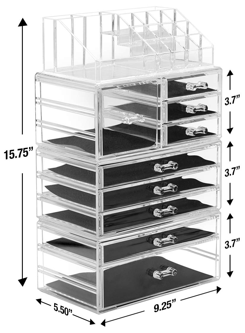 Sorbus Large Clear Makeup Organizer - Detachable 4-Piece Jewelry & Make Up Organizers And Storage Set - Spacious Cosmetic Displa