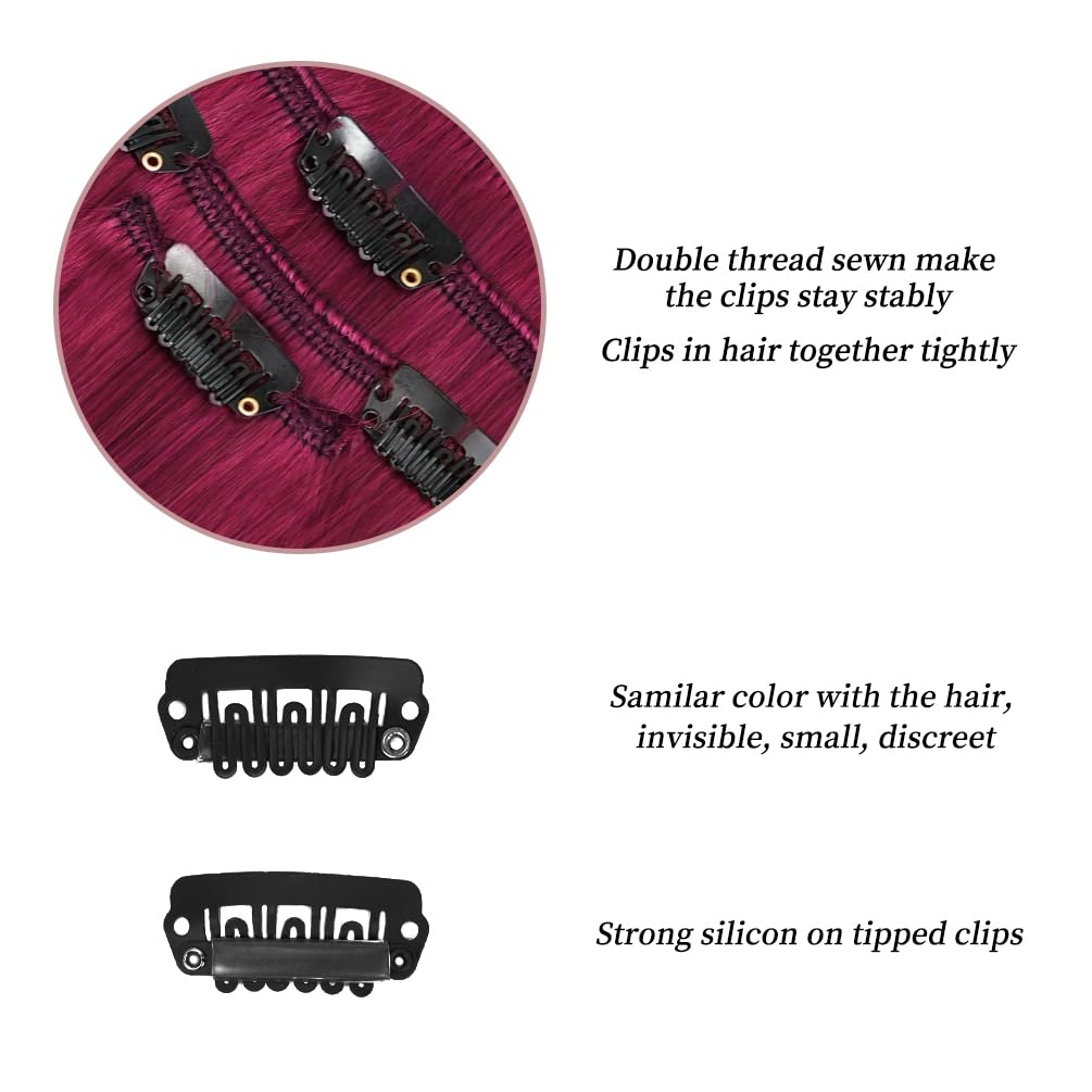 18'' Clip In Hair Extensions Remy Human Hair For Women - Silky Straight Burgundy Real Hair Extensions Clip Ins 68Grams 4Pieces (