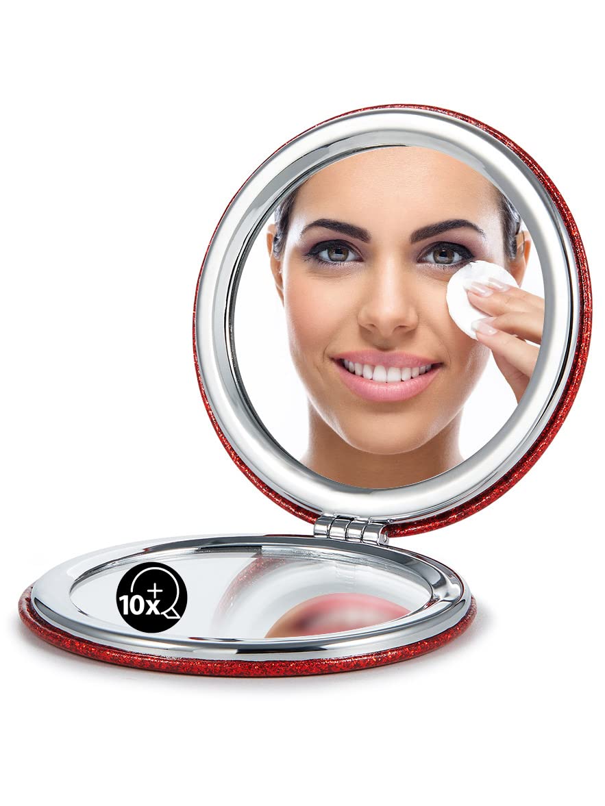 Omiro 1X/10X(300R) Magnifying Compact Mirror With Pu Leather, Ultra-Portable For Purses And Travel, Round Red