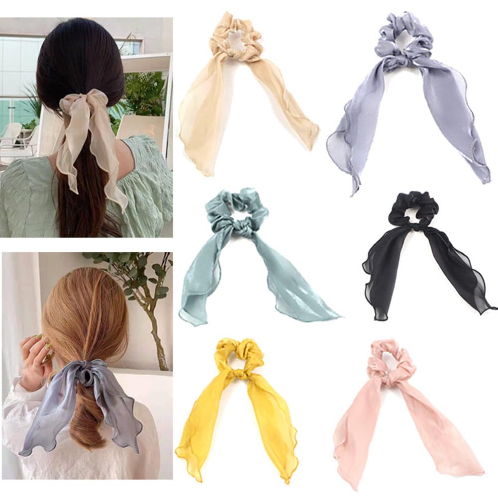 Lovef 5Pcs Women'S Solid Colors Rabbit Ear Hair Bow Tie Bands Ponytail Holder Long Scrunchies Hair Accessories