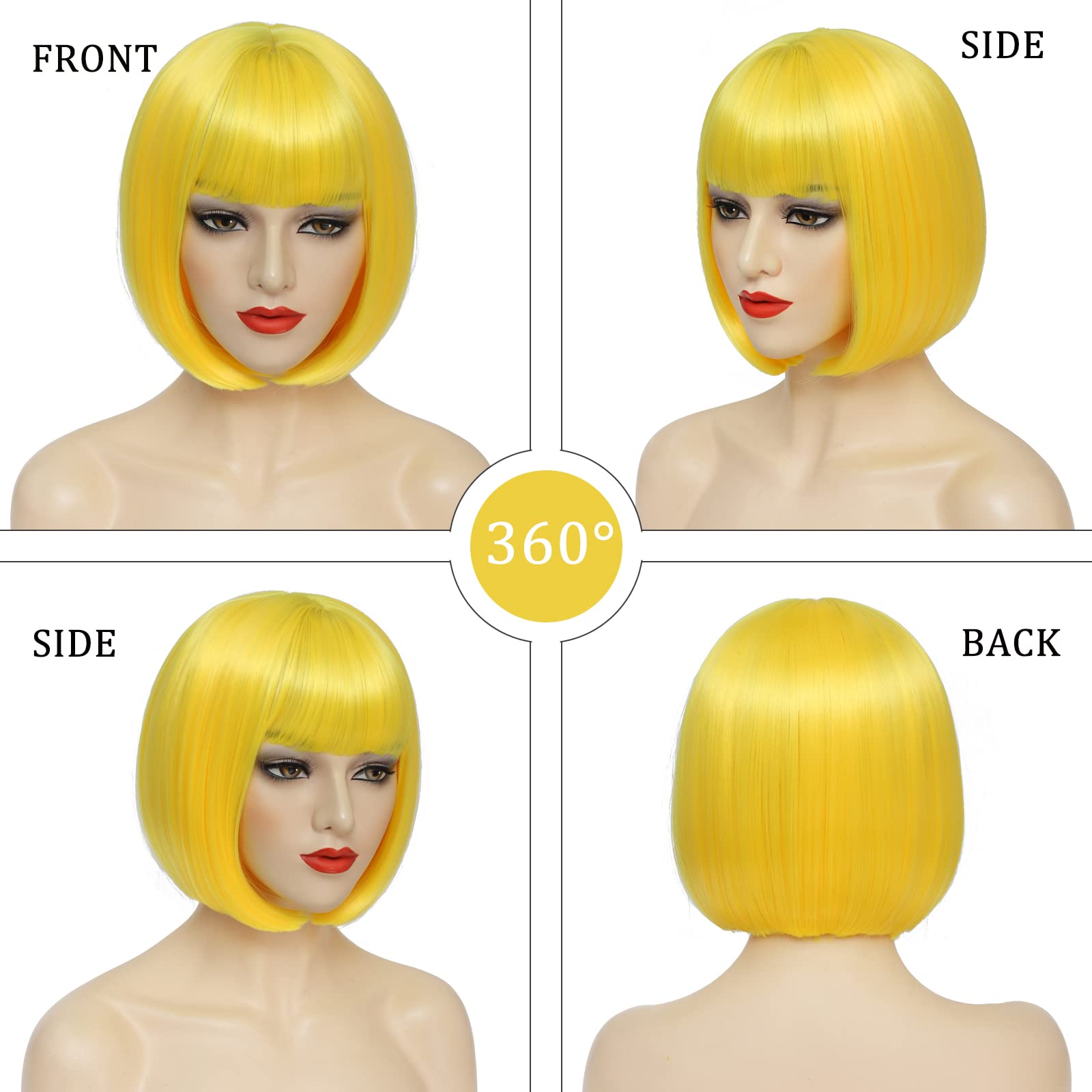 Ybymcai Yellow Bob Wig With Bangs Short Yellow Bob Wigs For Women Straight Bob Bangs Wig 10 Inch Natural Looking For Daily Party
