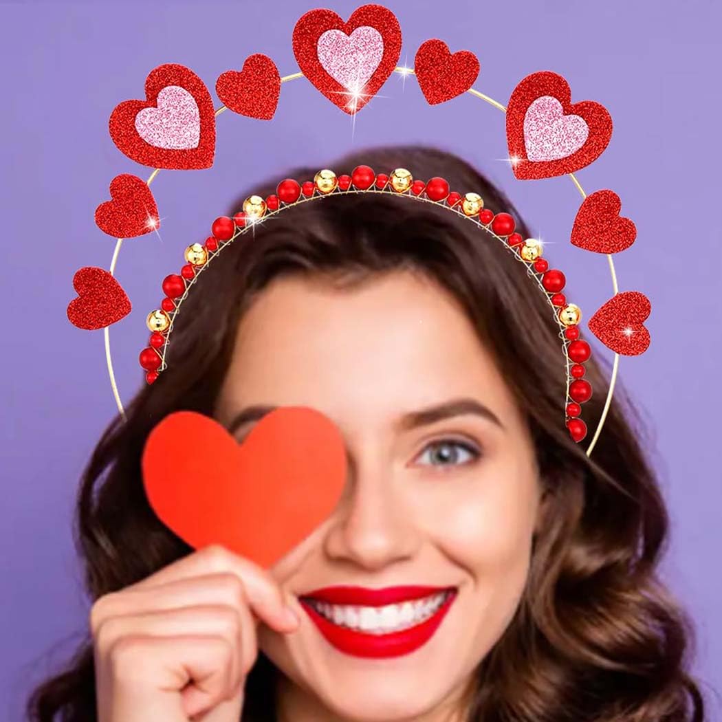 Yalice Sequins Heart Headband Crown Valentine's Day Headbands for Women Red Beaded Hair Band Bling Love Headpieces Hearts Shaped