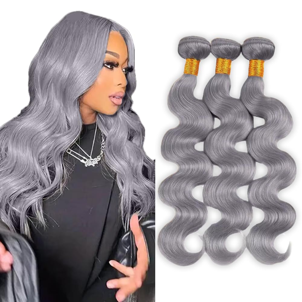 HeioWuio 22 24 26 Inch Gray Bundles Body Wave 3 Bundles Human Hair Brazilian Remy Hair 50 Grams/Bundle Unprocessed Virgin Hairs 