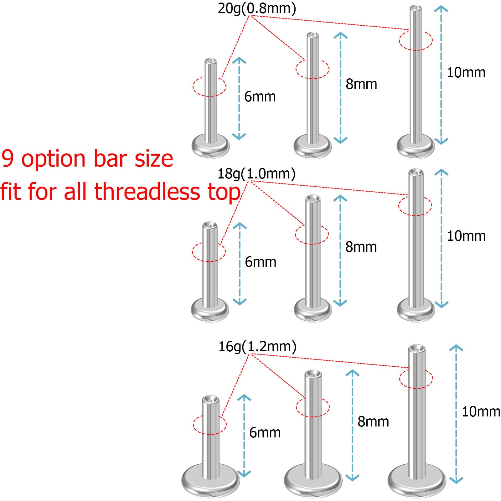NewkeepsR 20G  8mm Threadless Flat Back Labret Stud Post Replacement, Implant Grade 0.8mm Press Fit Flatback Push In Unthreaded
