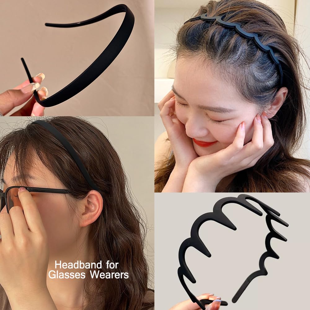 TOBATOBA 12Pcs Black Headbands for Women with Teeth Plastic Head Bands for Women's Hair Non Slip Comb Skinny Zig Zag Headbands F