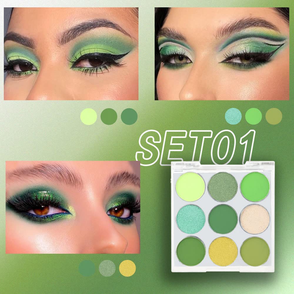 Amy'S Diary Green Eyeshadow Palette Green Glitter Makeup,Light Deep Green Yellow 9 Colors Matte Glitter Eyeshadow Long Lasting C