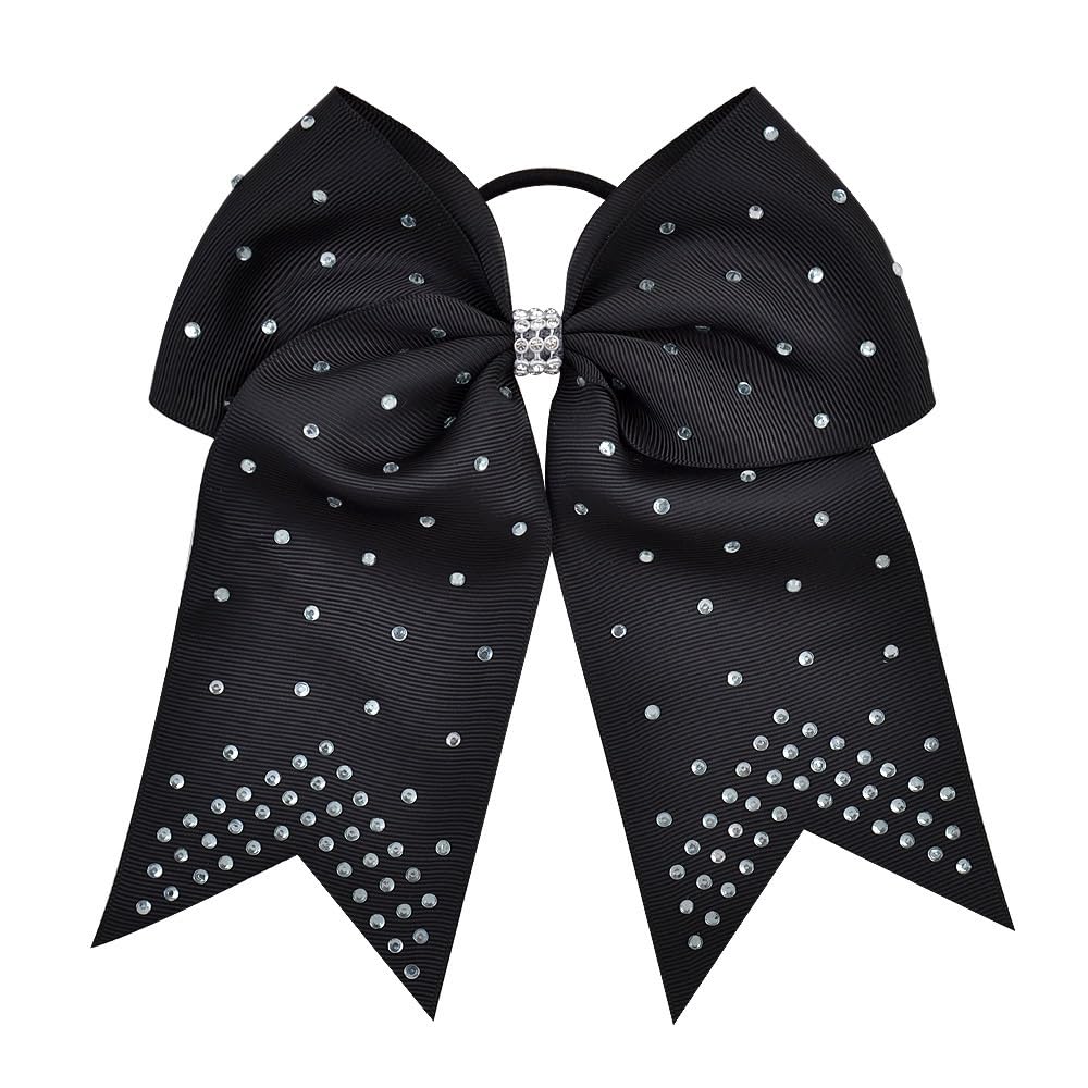 Xansema 7 Inches Rhinestone Hair Bows Elastic Hair Tie Ribbon Large Cheer Bow Ponytail Holder Hair Band for Women Girls Kids Tee