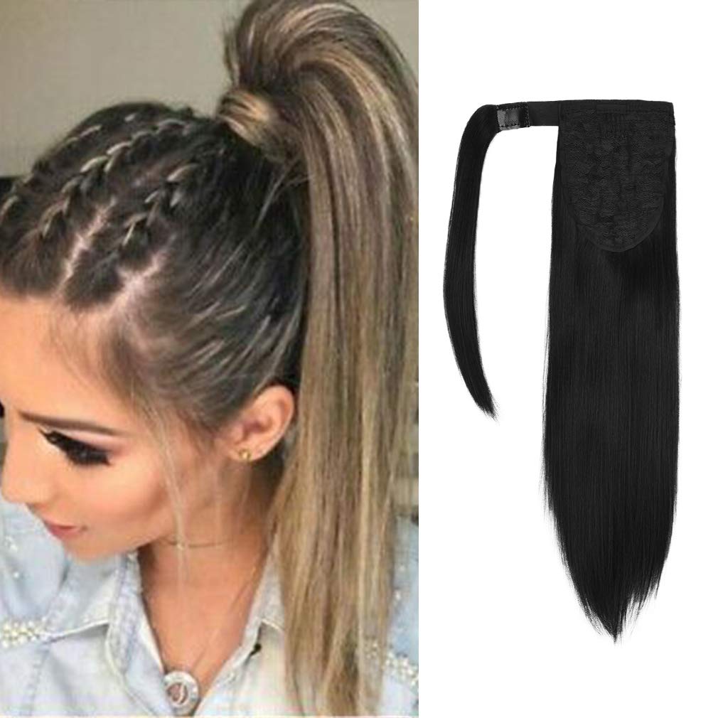 SEIKEA Clip in Ponytail Extension Wrap Around Straight Hair for Women (12'', Black)