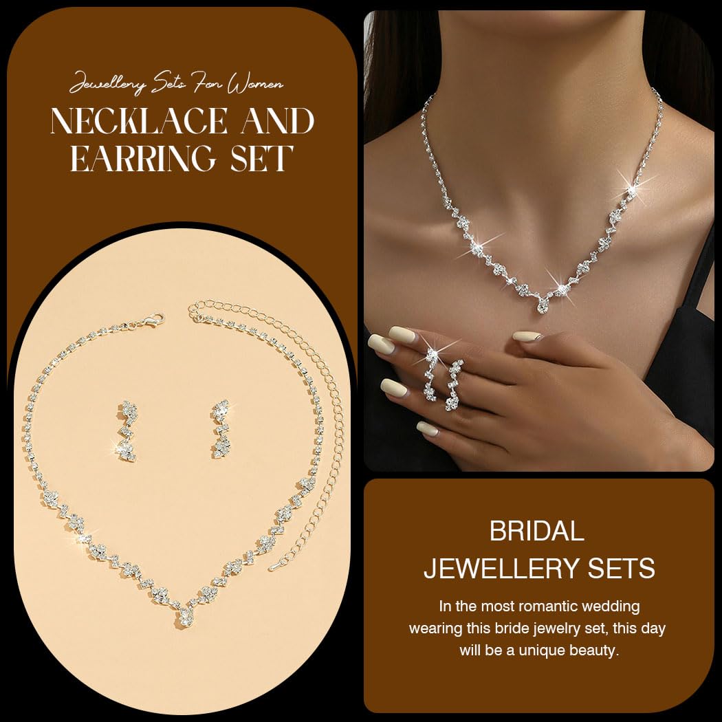 Unicra Bride Crystal Necklace Earrings Set Bridal Wedding Jewelry Sets Rhinestone Choker Necklace Prom Costume Jewelry Set for W