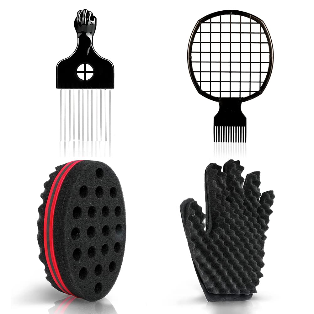 Hair Sponge Set With Curl Sponge Glove, Metal Hair Pick And Hair Twist Comb For Men Women Curls Selalu