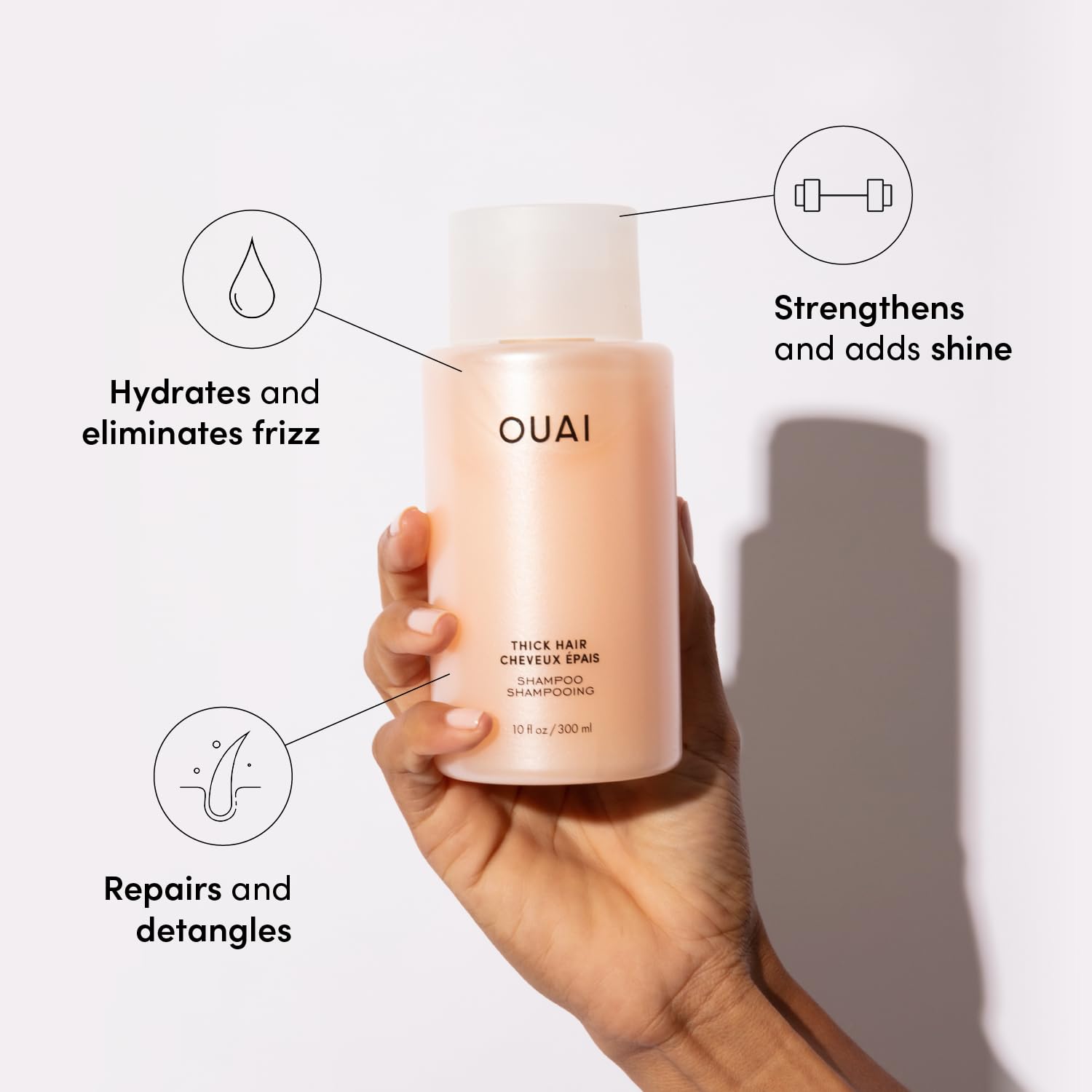 OUAI Thick Shampoo - Moisturizing Shampoo with Keratin, Marshmallow Root, Shea Butter & Avocado Oil for Thick Hair - Strengthens