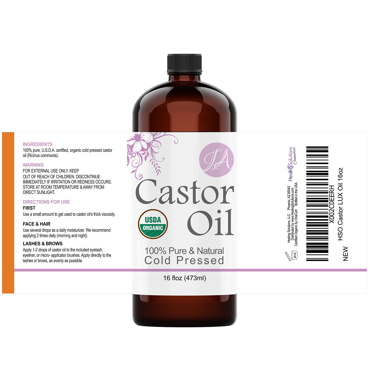Healing Solutions Oils - 16 Oz Castor Oil Organic Pure Natural, Cold Pressed, Hexane, Chemical Free, Natural, Eyelash Serum, Sti