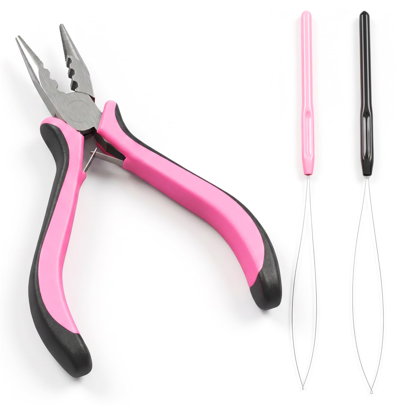 Pink Hair Extension Pliers with 2 Pcs Pliers Loop 3Hole Hair Extension Plier Tool for Beads Micro and Nano Ring Hairs Extension