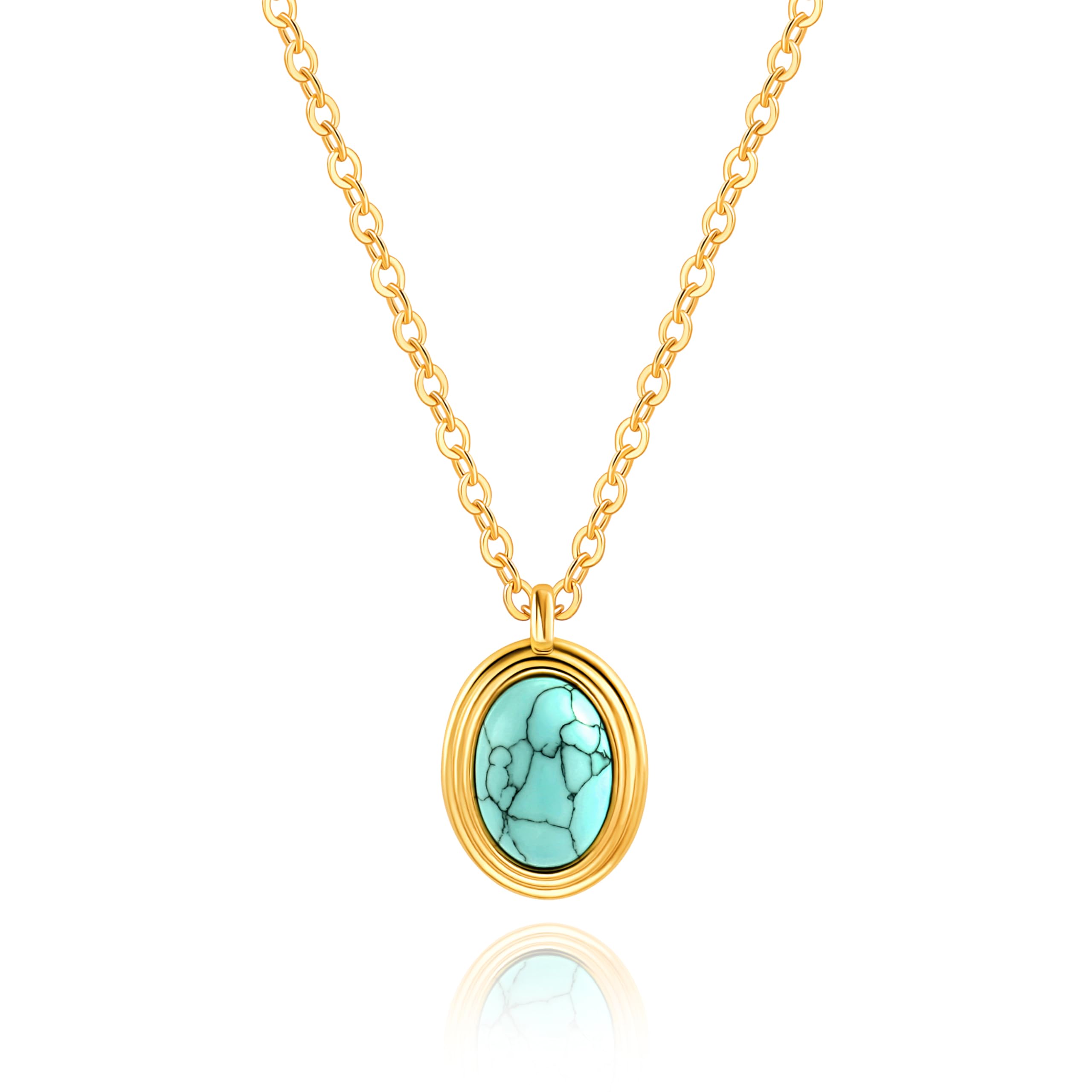 Aobei Pearl Oval Turquoise Pendant Necklace for Women 18k Gold Chain Choker Bohemian Gemstone Charm Layering Jewelry 18