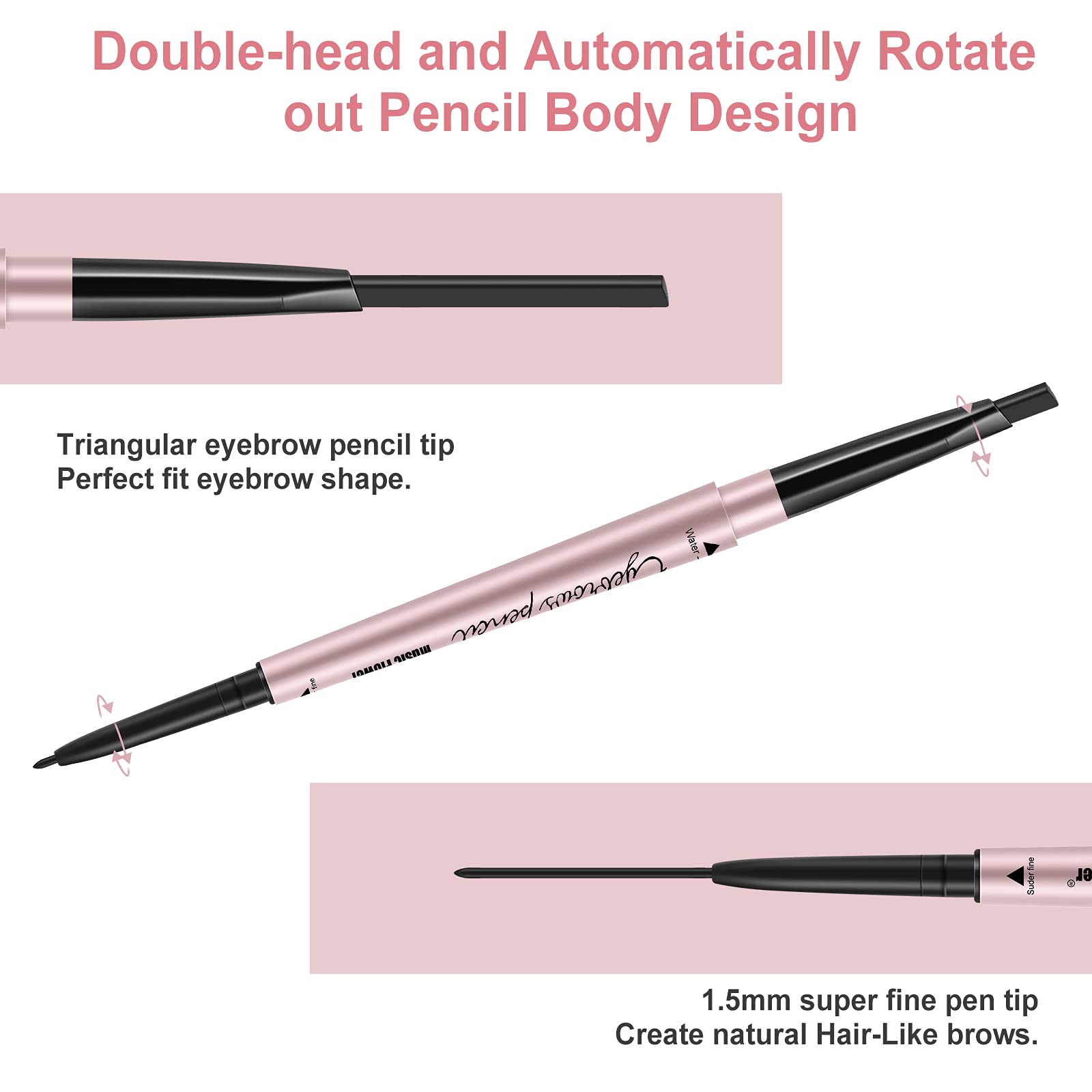 Turritopsisd Eyebrow Pencil, Brow Pen Dual-Ends Thick & Fine Tip Retractable Waterproof Long-Lasting Natural Eye Brows Makeup Wi