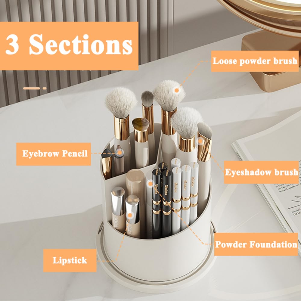 Zufudo Makeup Brush Holder Organizer With Lid 360 Rotating Makeup Organizer Countertop Dustproof Cosmetics Organizer For Vanity