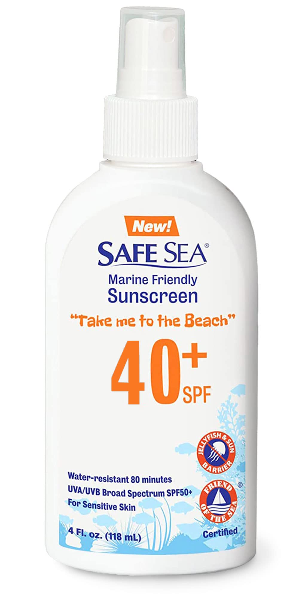 Safe Sea Jellyfish Sting-Blocking Sunscreen, Spf 40+ Spray 4 Fl Oz, Waterproof, Biodegradable, Coral Reef-Safe - Body And Face S