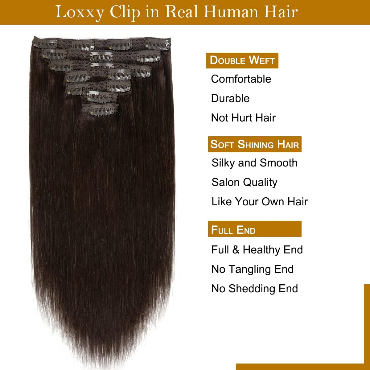 Loxxy Clip In Extensions Human Hair Dark Brown Hair Extensions 9A Grade Remy Human Hair Clip In Clip Hair Extensions Double Weft