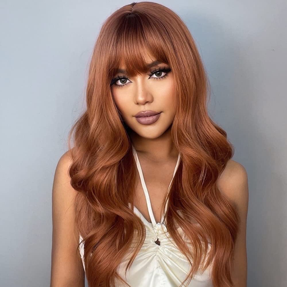 Haircube Auburn Wig With Bangs Long Curly Orange Wigs For Women,Natural Synthetic Wigs Heat Resistant Fibre Wig For Daily Use (P